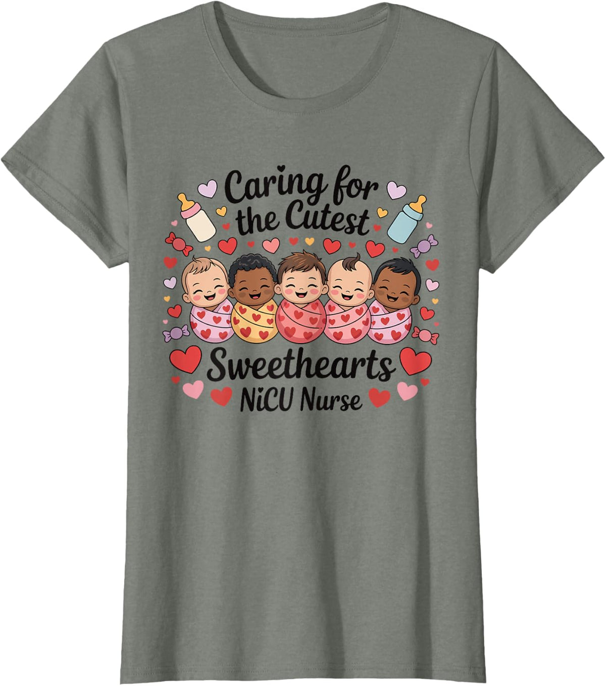 Nicu Nurse Valentines Day Caring for The Cutest Sweethearts T-Shirt - Olive Heather