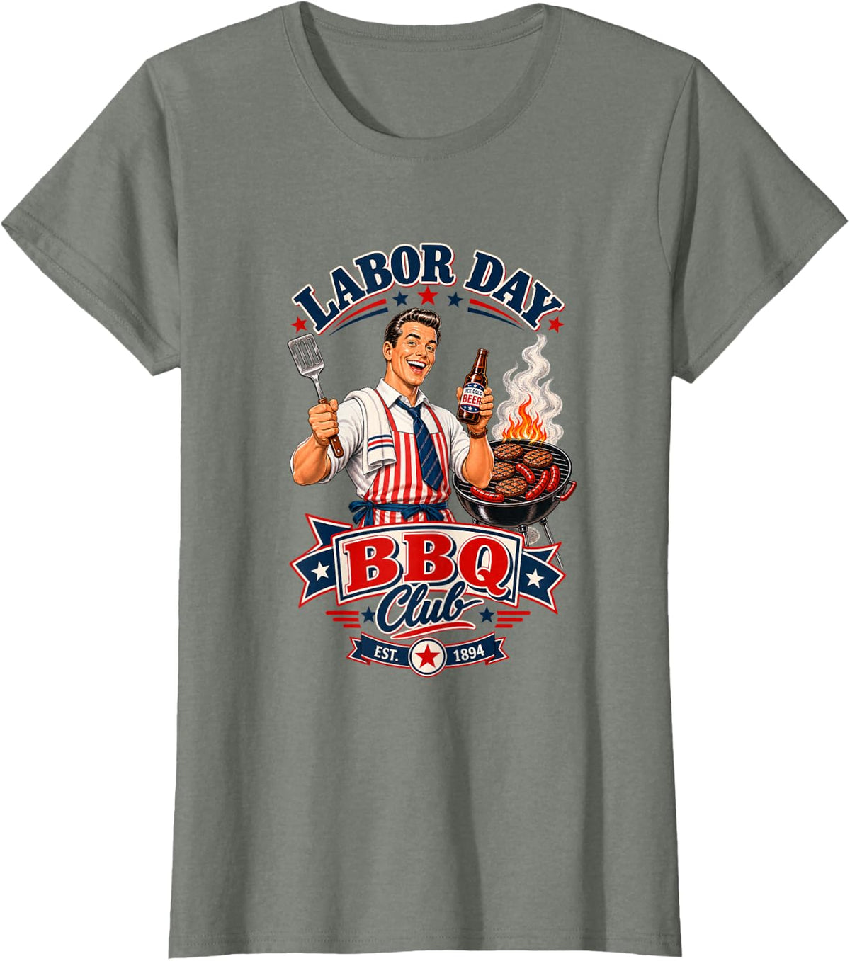 Labor Day BBQ Club Retro Grill Master Cookout T-Shirt - Olive Heather