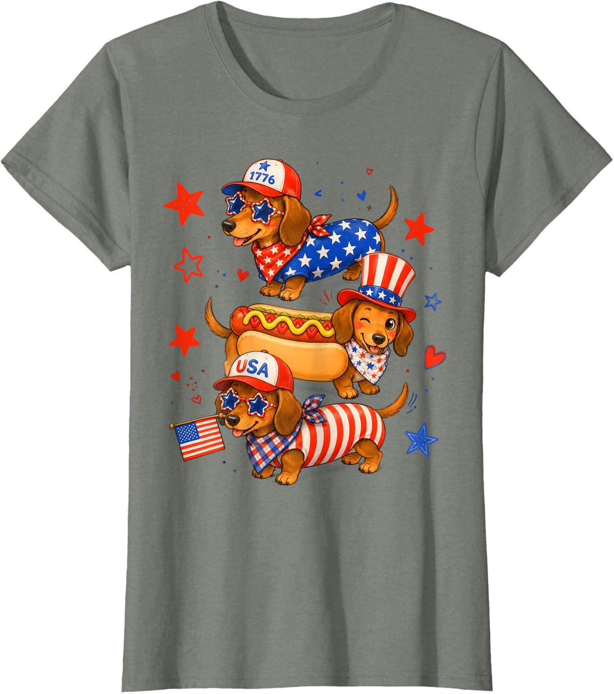 Cute Patriotic Dachshund USA Flag Red White Blue Dog Design T-Shirt - Olive Heather