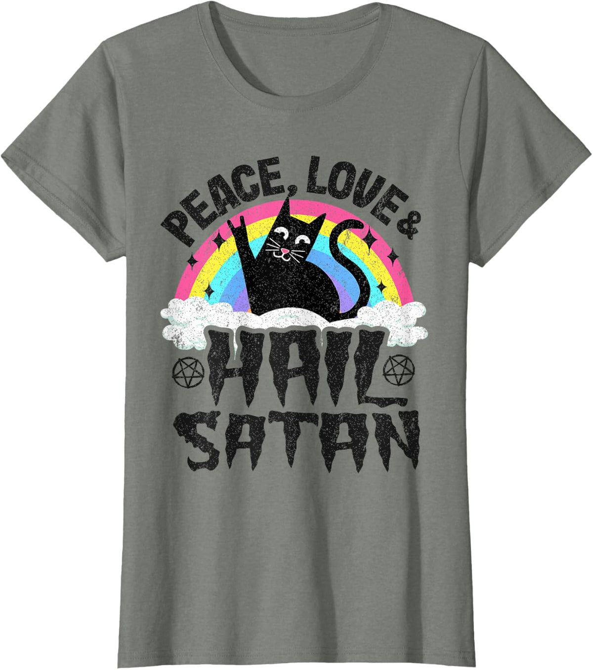 Peace Love & Hail Satan Cat Kids Punk Band Metal Rainbow T-Shirt - Olive Heather
