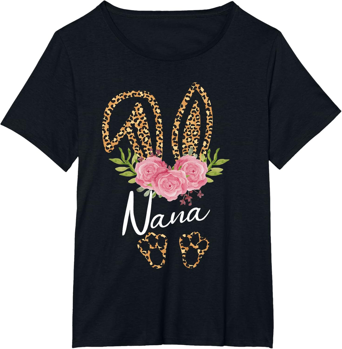 Nana Bunny Ears Easter Day Cute Leopard Print Floral Grandma T-Shirt - Black