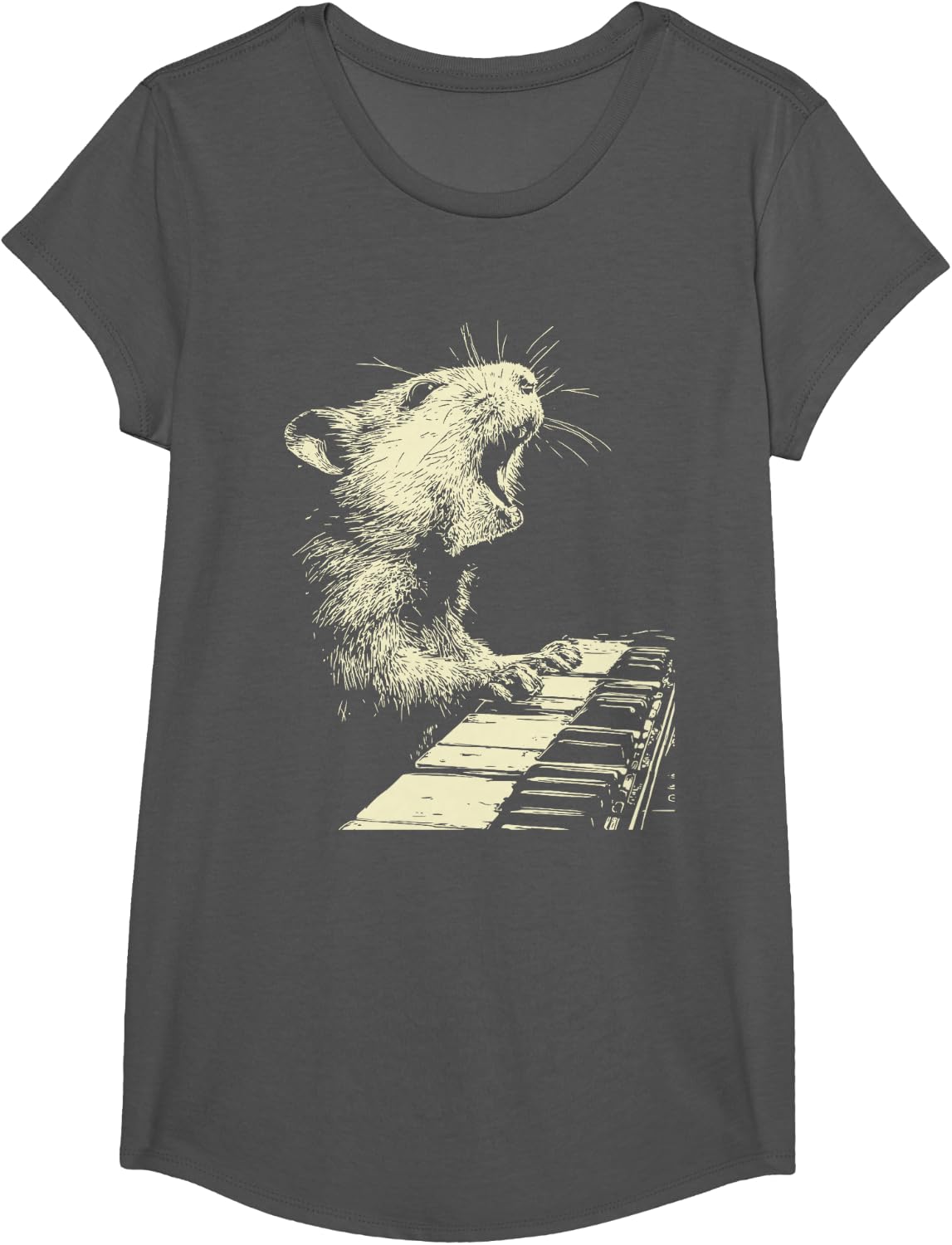 Funny Hamster Playing Piano Animal Musician Pianist Graphic T-Shirt - Girls Asphalt Grey