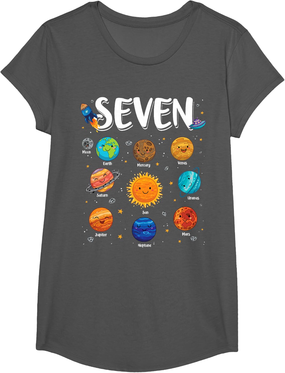 Solar System Planets 7 Seven Years Old 7th Birthday Boy Girl T-Shirt - Girls Asphalt Grey