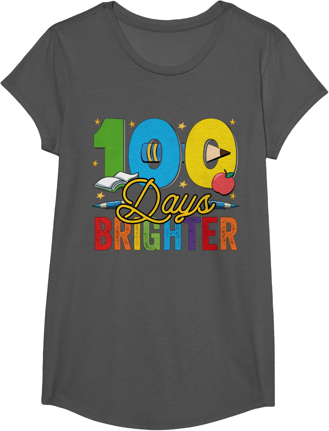 100 Days Brighter For Teachers And Kids Students T-Shirt Tee - Girls Asphalt Grey