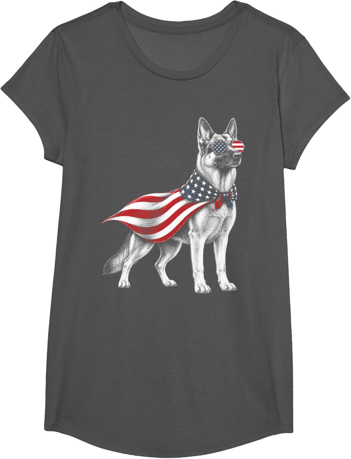 German Shepherd 4th of July US American Flag Dog Patriotic T-Shirt - Girls Asphalt Grey