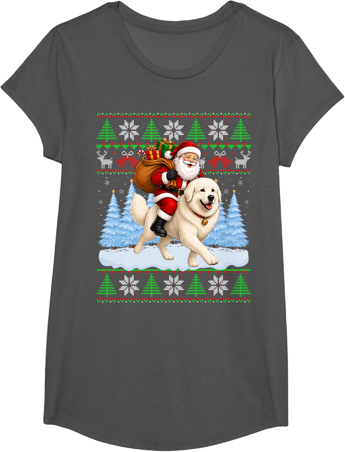 Ugly Xmas Funny Santa Riding Great Pyrenees Dog Christmas T-Shirt - Girls Asphalt Grey