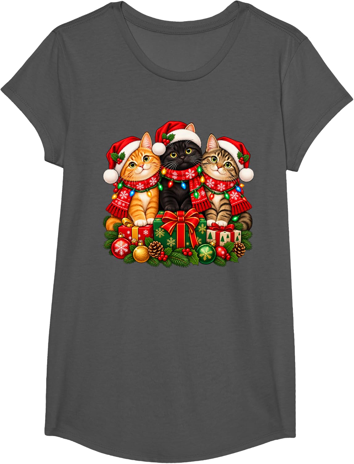 Cat Christmas Xmas T-Shirt - Girls Asphalt Grey