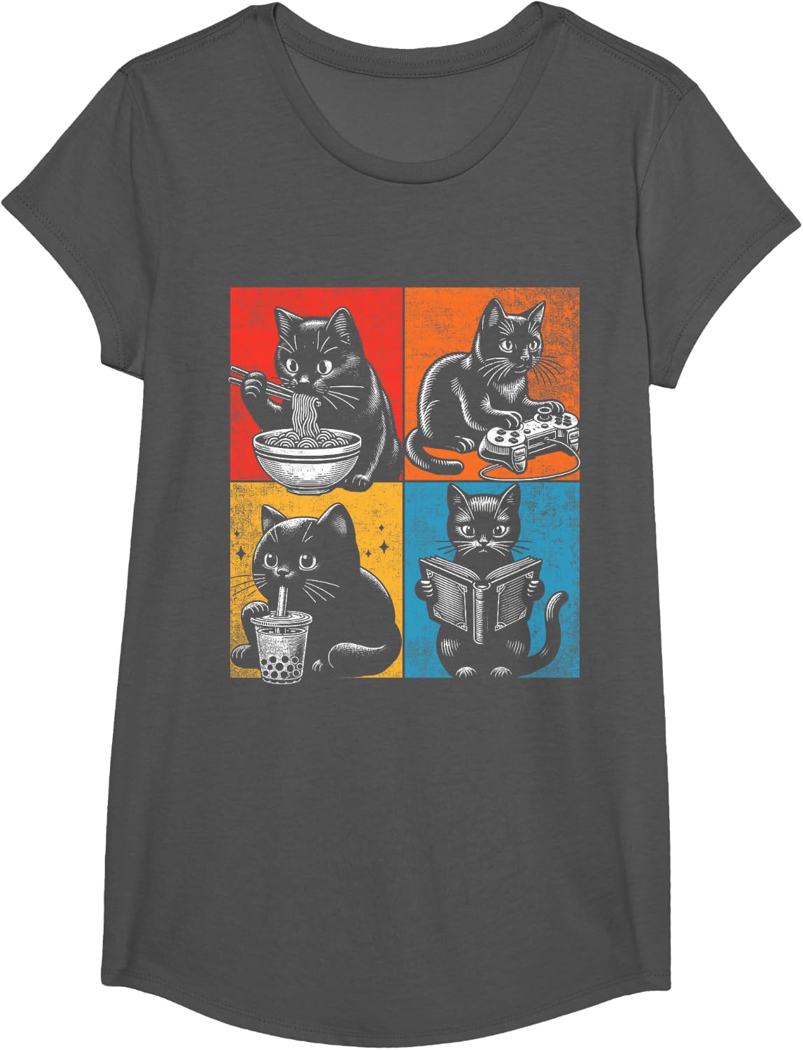 Funny Cat Ramen Boba Gaming And Reading Books Lover. Anime T-Shirt - Girls Asphalt Grey