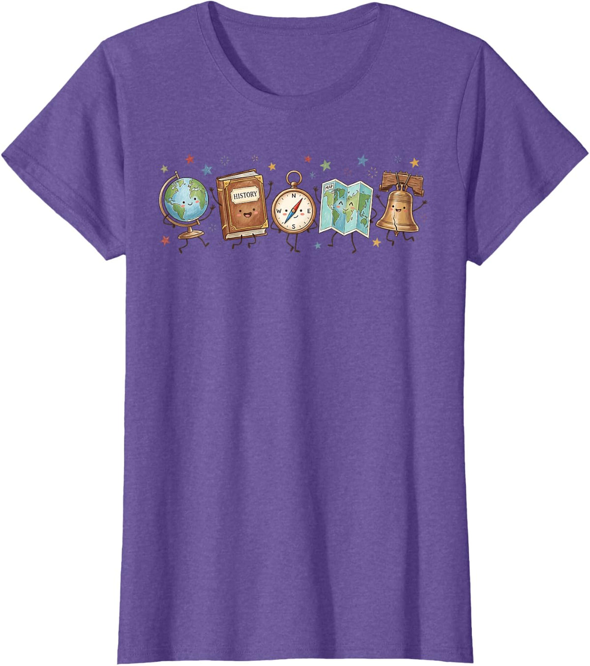 History Teacher Globe Book Map Liberty Bell Back to School T-Shirt - Purple Heather