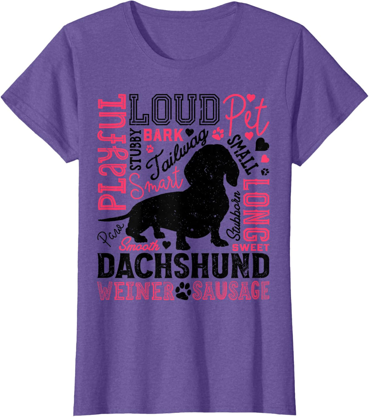Dachshund Typography Funny Word Art Dog Lover Men Women Cute T-Shirt - Purple Heather