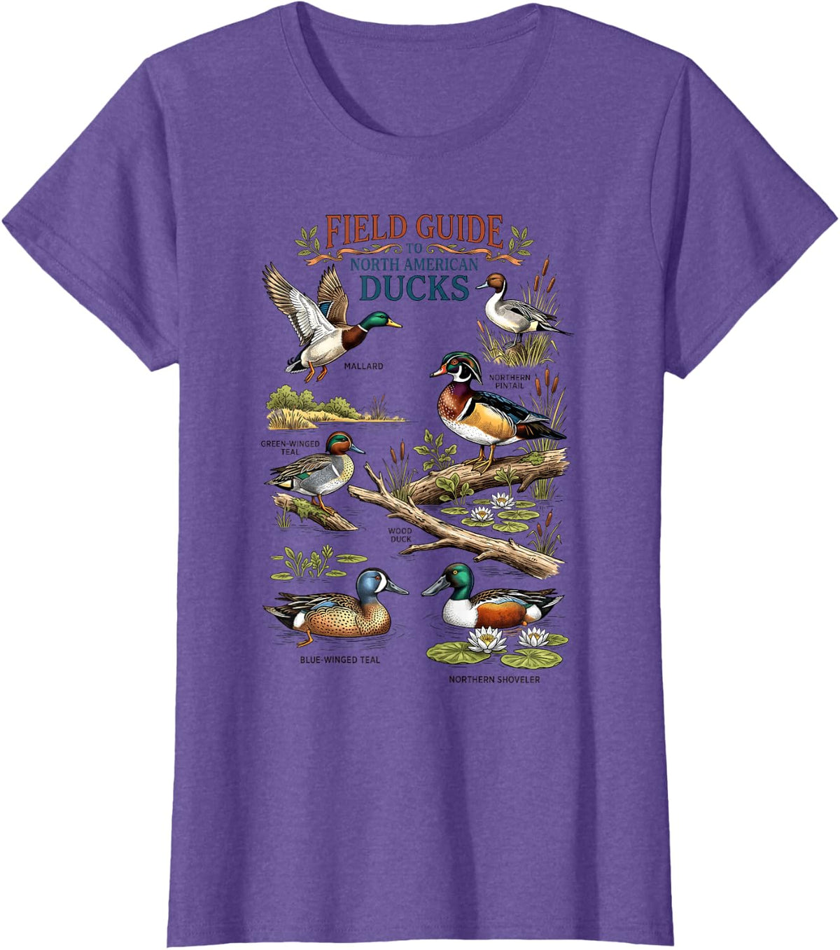 Field Guide to North American Ducks Vintage Outdoorsman T-Shirt - Purple Heather