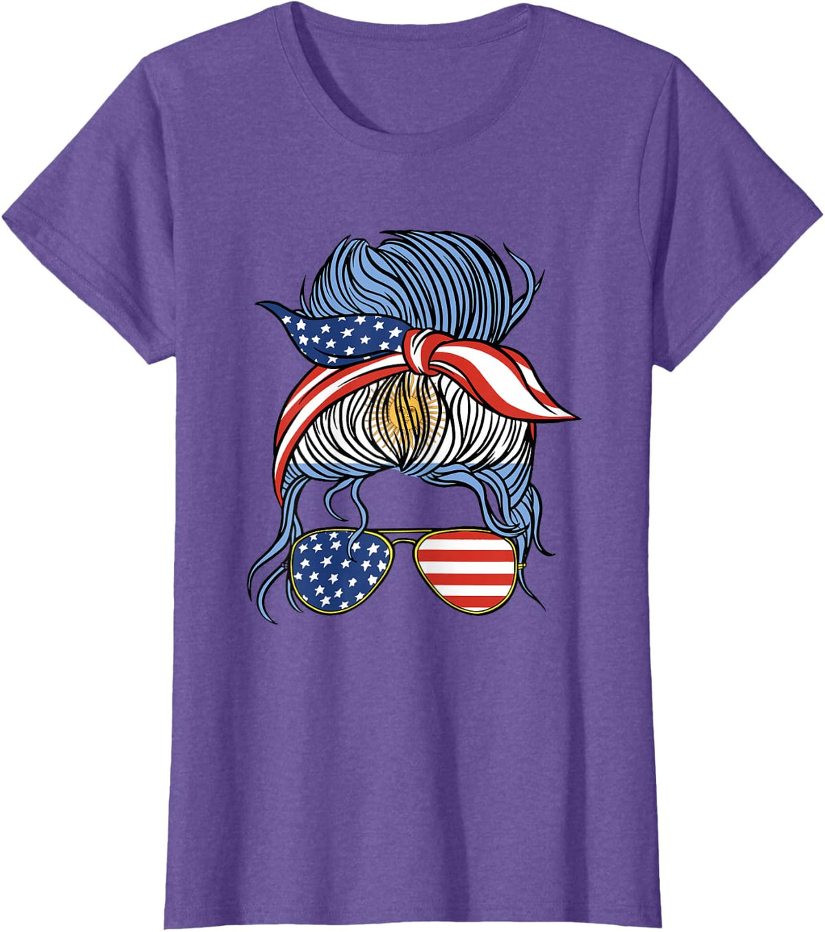 Half American Argentine Roots Argentina USA Messy Bun Women T-Shirt - Purple Heather