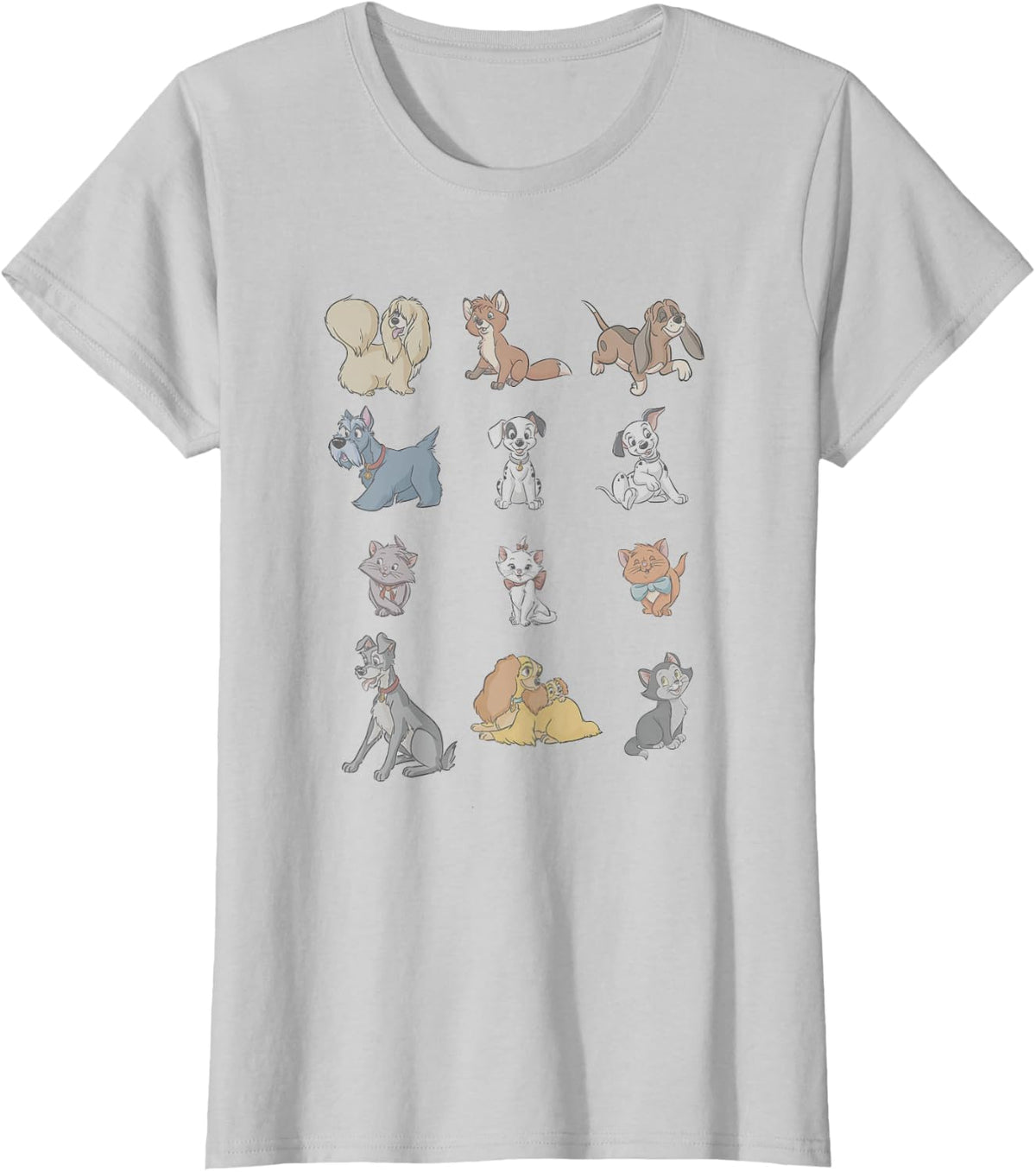 Disney Classic Characters Cats and Dogs Collage Vintage T-Shirt - Silver Grey