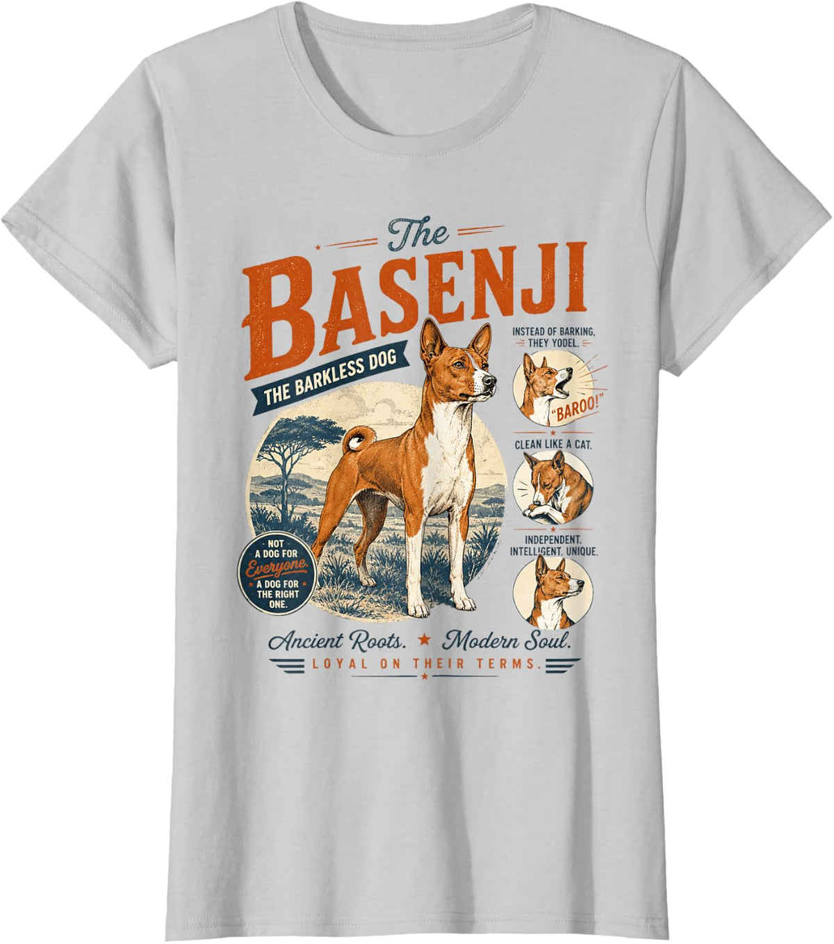 Vintage Basenji The Barkless Dog Retro Yodel Pet Lover T-Shirt - Silver Grey
