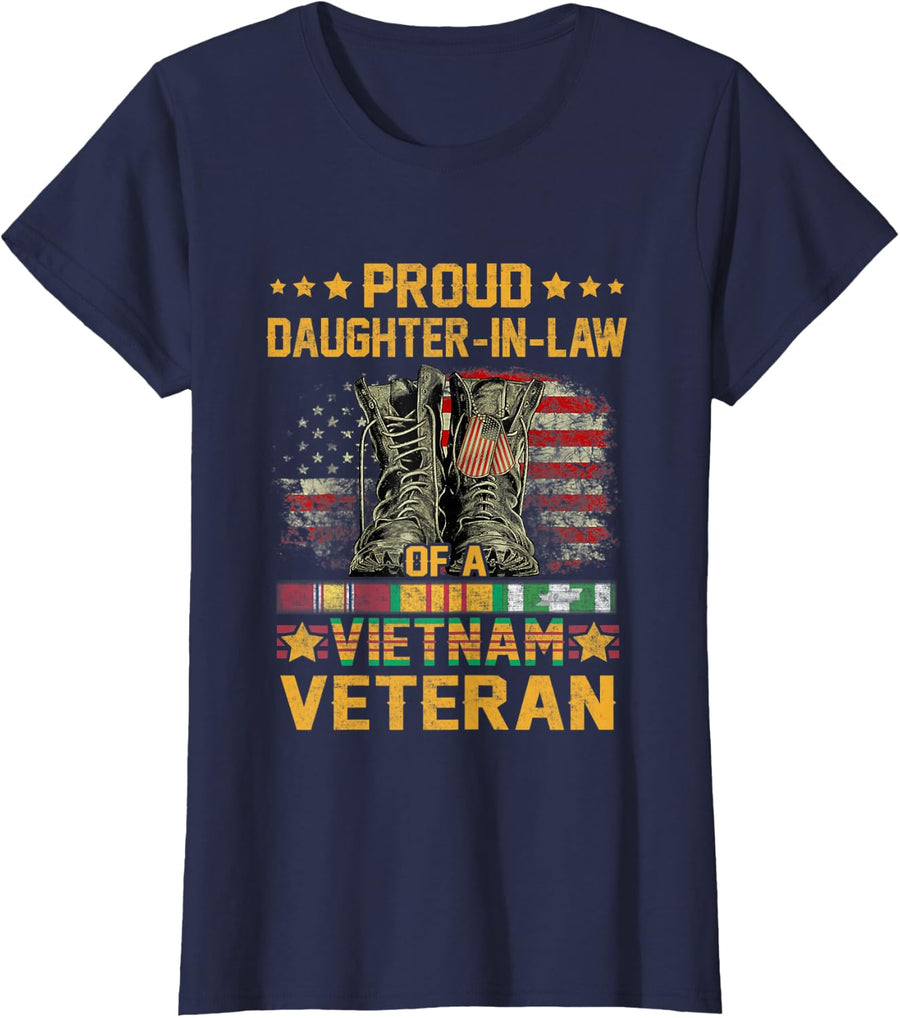 Womens Proud Daughter-In-Law Of A Vietnam Veteran Flag American USA T-Shirt - Navy Blue