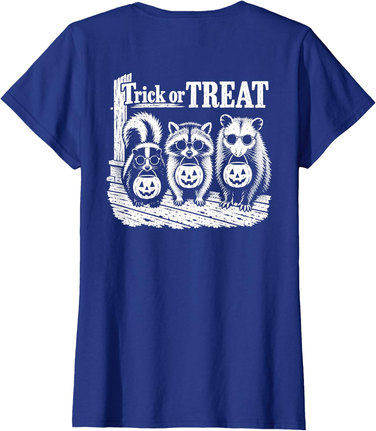 On Back Raccoon Opossum Skunk Halloween Trick or Treat Feral T-Shirt - Royal Blue