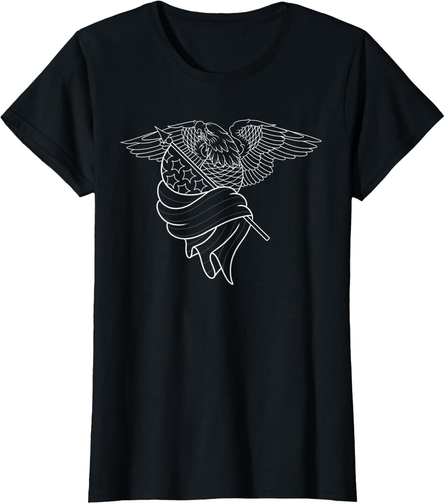American Traditional Bald Eagle with Flag Outline Tattoo T-Shirt - Black