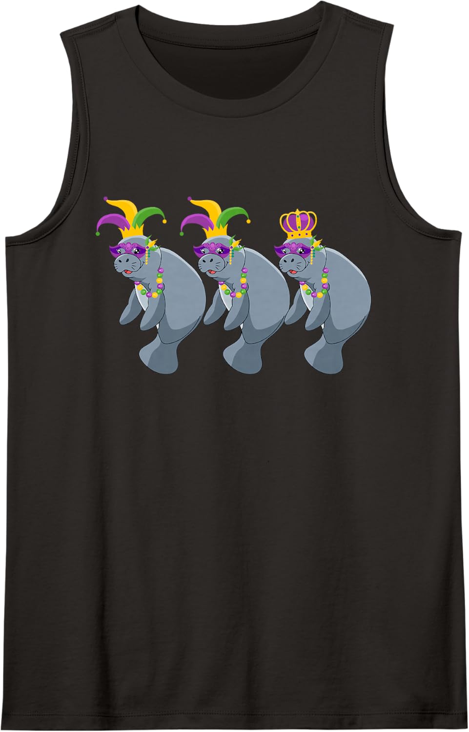 Three Cute Manatees Wearing Mardi Gras Masked Beads Zoo Sleeveless Tank Top - Black