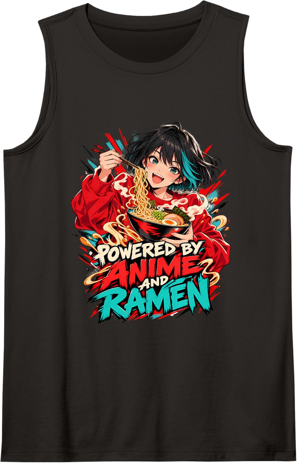Powered By Anime and Ramen Japanese Noodle Lover Sleeveless Tank Top - Black
