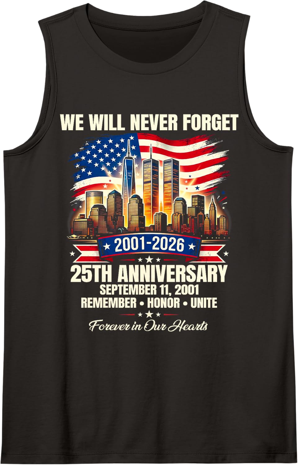 25th Anniversary September 11 2001 Memorial Day USA Flag Sleeveless Tank Top - Black