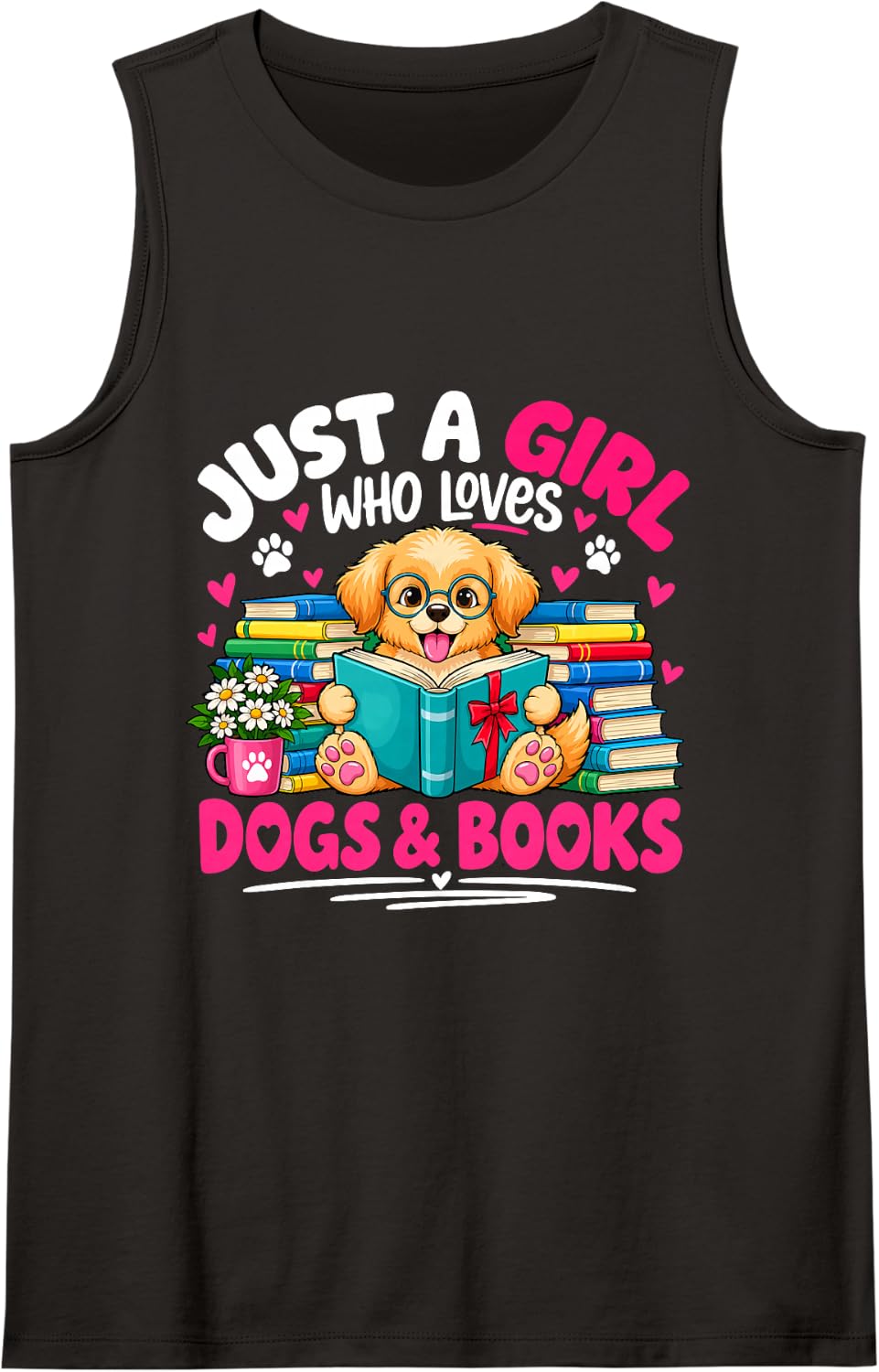 Just a Girl Who Loves Dogs & Books Funny Dog Reading Sleeveless Tank Top - Black