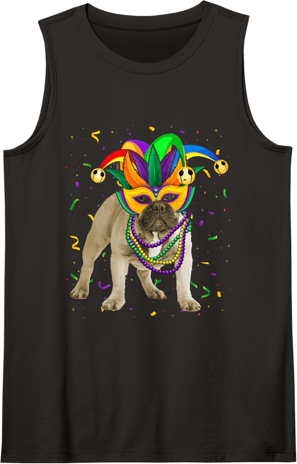 French Bulldog Dog Wearing Mardi Gras Face Cover Beads Sleeveless Tank Top - Black