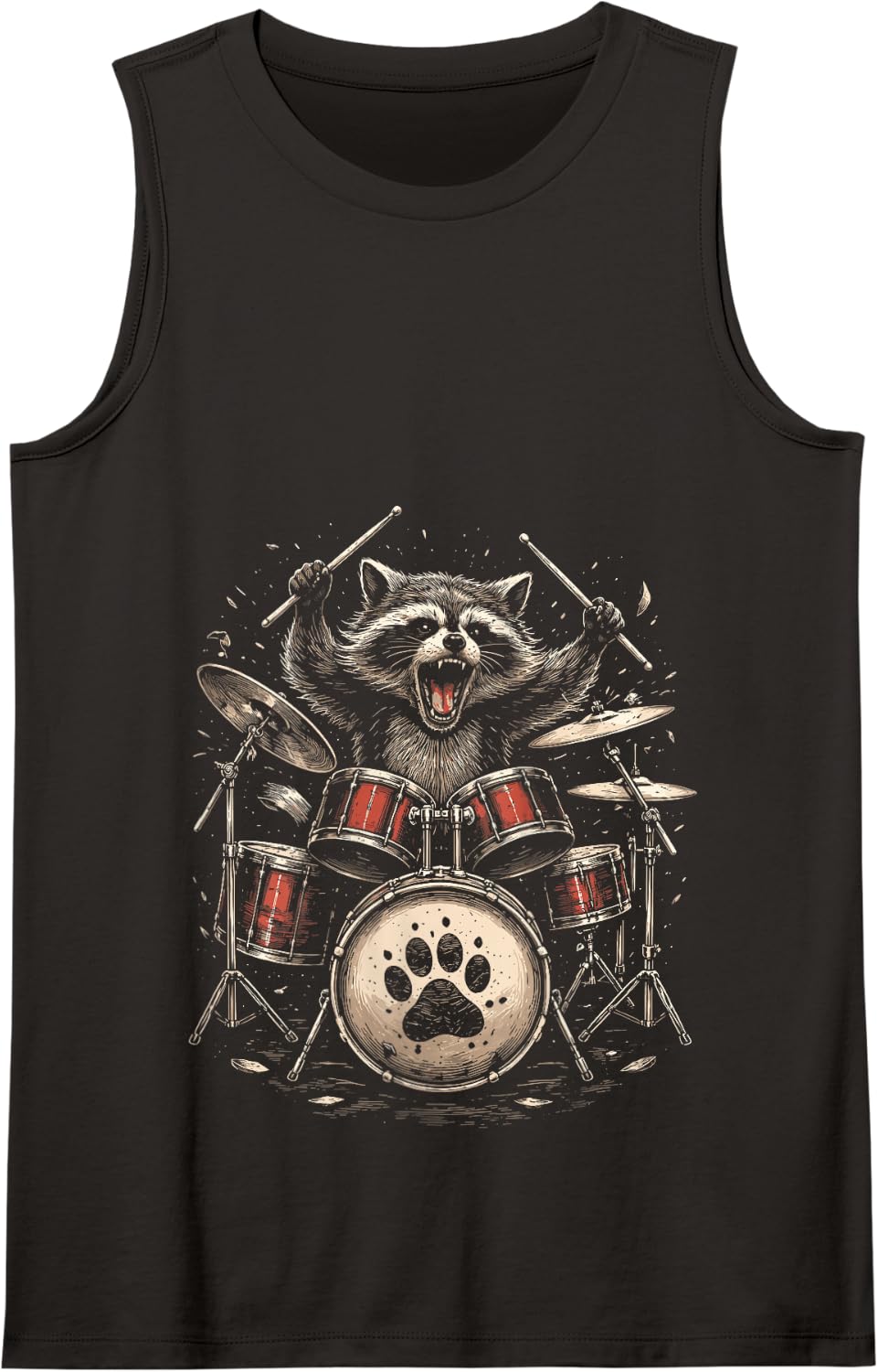 Raccoon Drummer Rock Band Animal Graphic Tank Top - Black