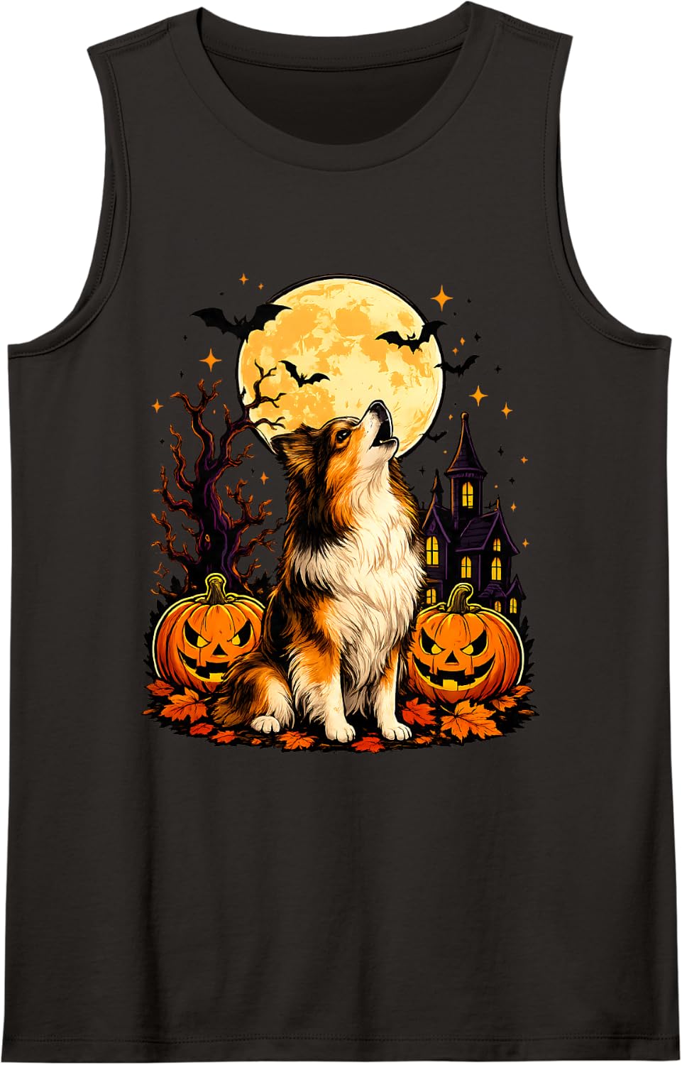 Shetland Sheepdog Howling at The Moon Dog Lover Halloween Tank Top - Black