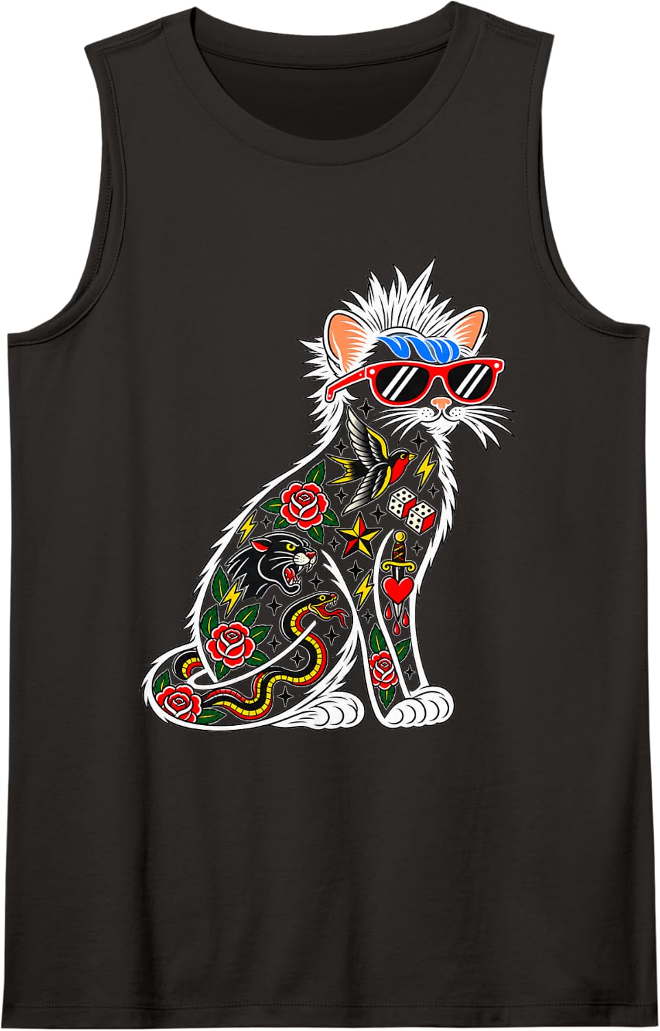 Traditional Tattoo Cat Sunglasses Flash Art Sleeveless Tank Top - Black