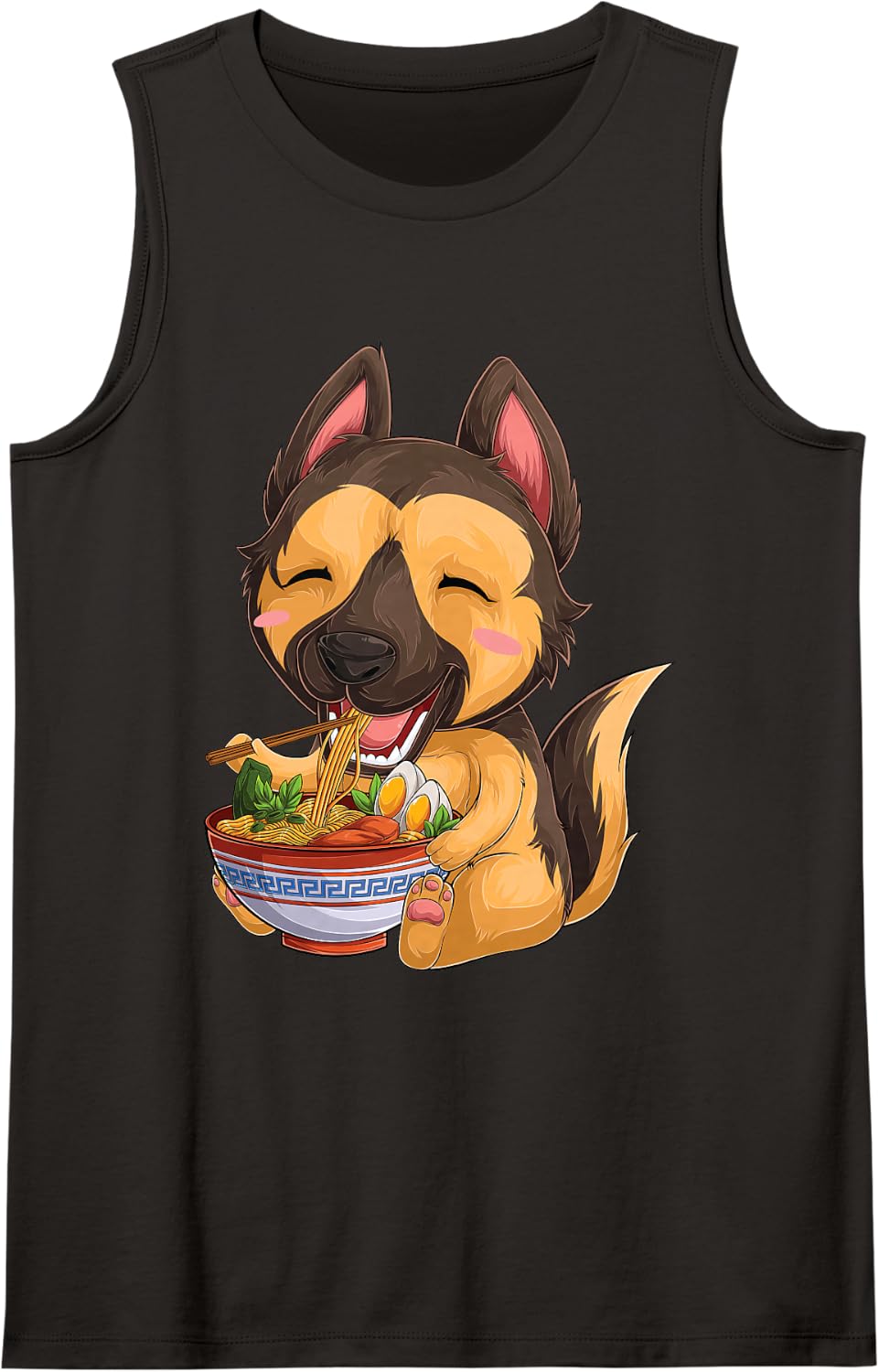 Kawaii Japanese Anime Dog German Shepherd Ramen Food Lovers Sleeveless Tank Top - Black