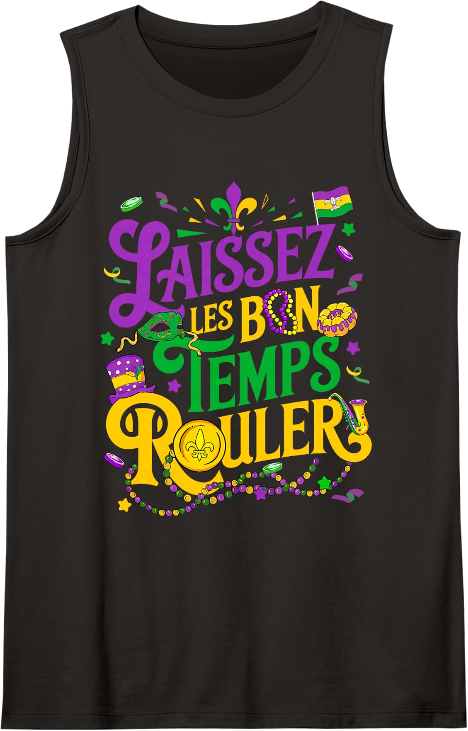 Laissez Les Bon Temps Rouler Mardi Gras Beads Fleur De Lis Sleeveless Tank Top - Black