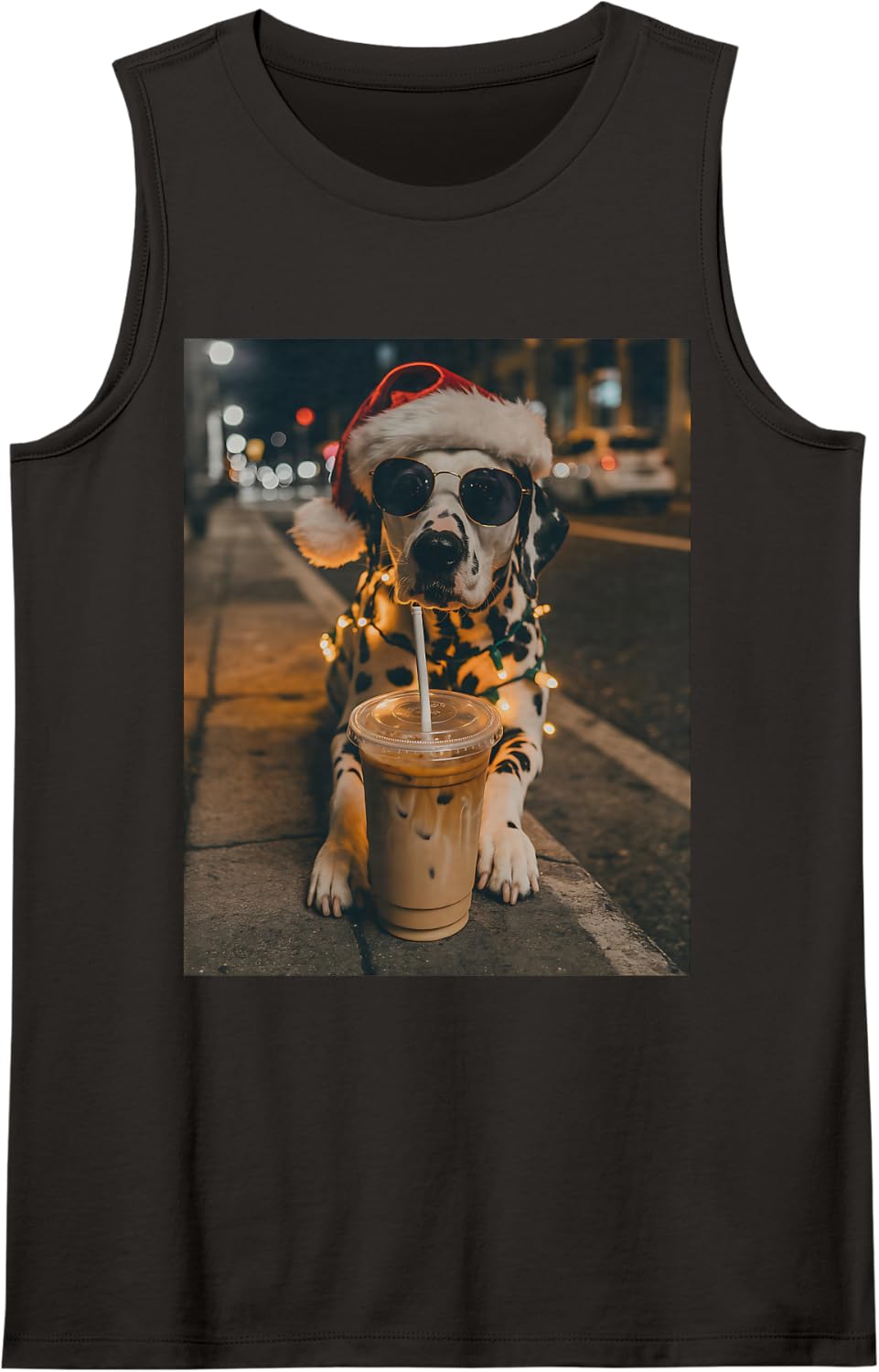 Dalmatian Drinking Iced Coffee Santa Dog Lovers Christmas Sleeveless Tank Top - Black
