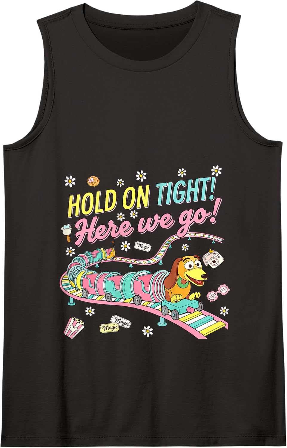 Hold on Tight here we go Cute Dog Ride Graphic Art Tank Top - Black
