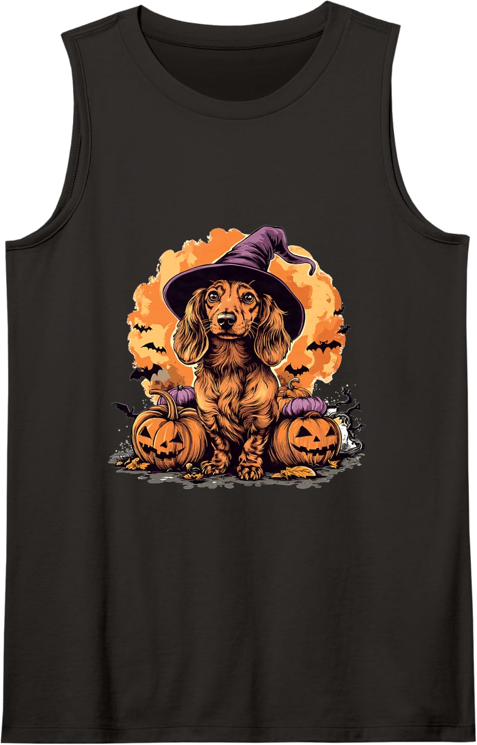 Dachshund Doxie Wiener Dog Whitch Hat Halloween Pumpkin Sleeveless Tank Top - Black