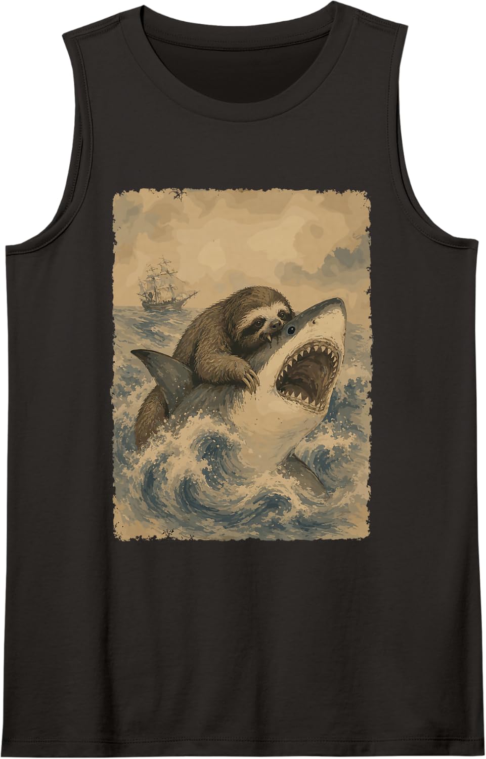Sloth Biting Shark Funny Ocean Animal Men Kids Sleeveless Tank Top - Black