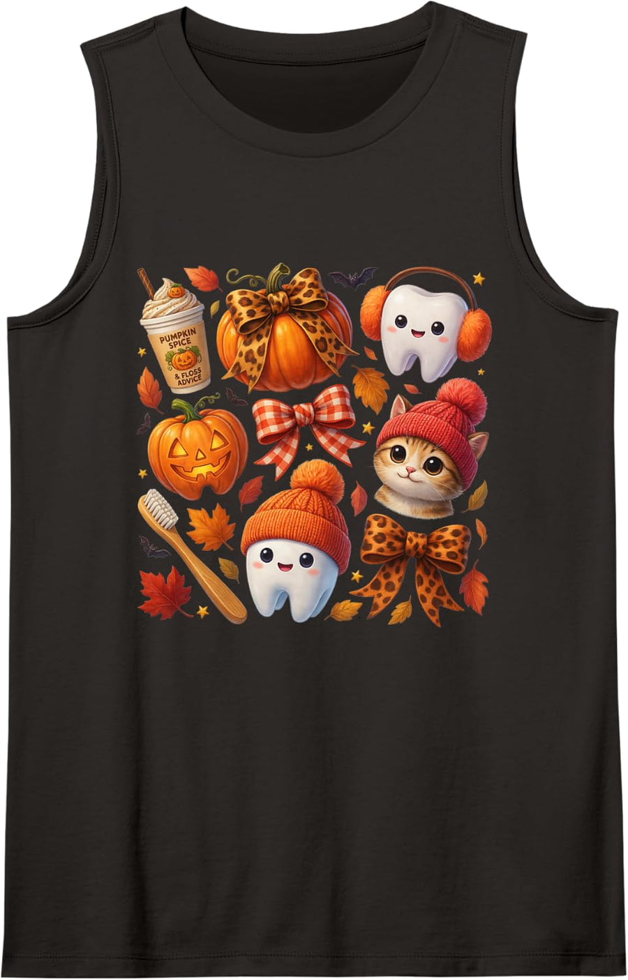 Halloween Tooth Pumpkin Bow Dental Fall Dentist Sleeveless Tank Top - Black