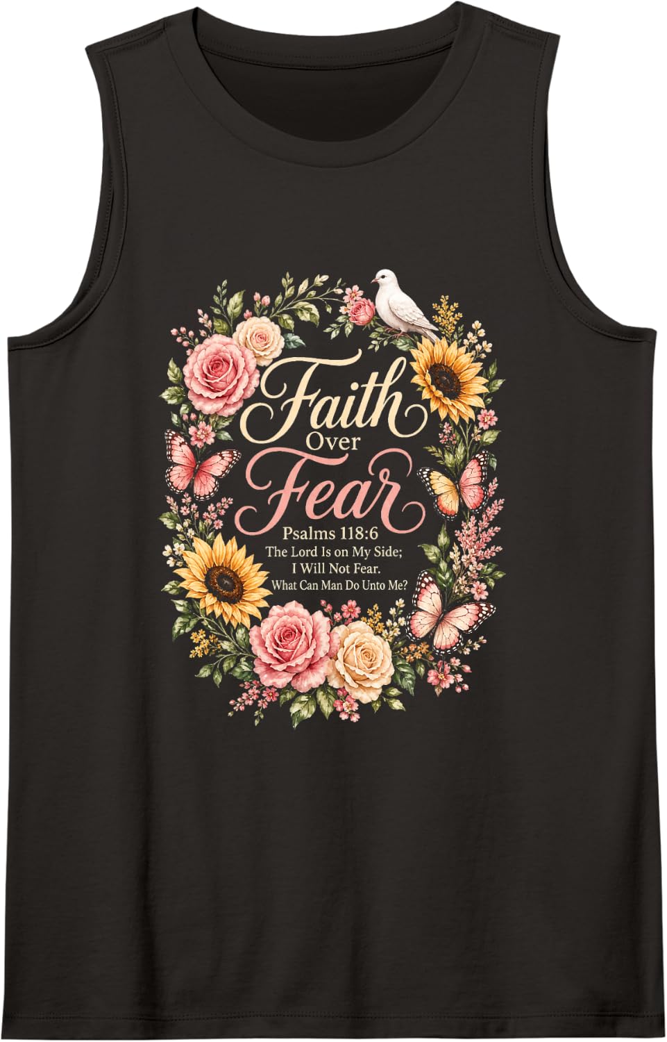 Faith Over Fear Christian Women Psalms 118:6 Floral Sleeveless Tank Top - Black
