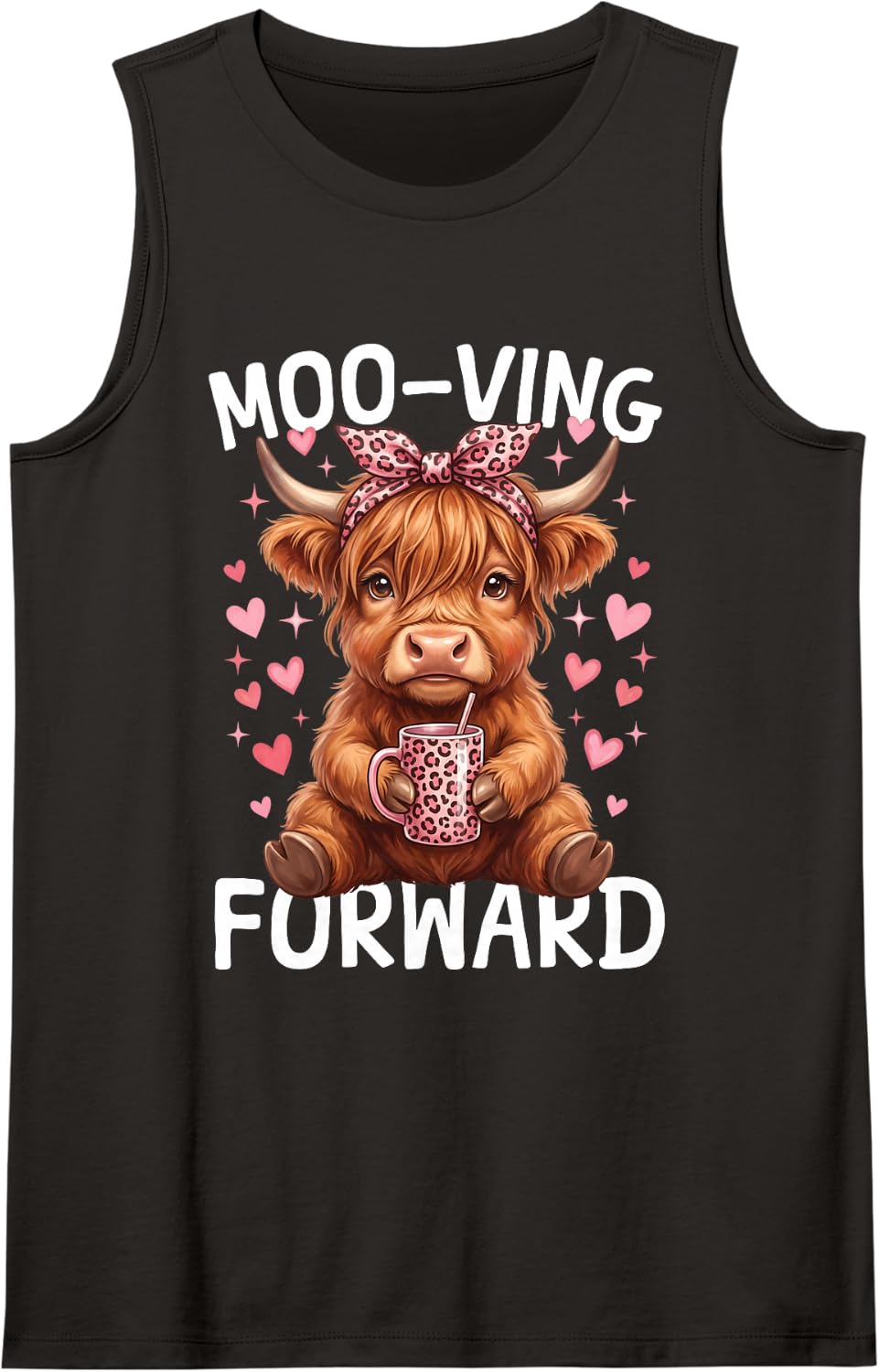 Highland Cow Moo-Ving Forward Funny Pink Coquette Bow Sleeveless Tank Top - Black