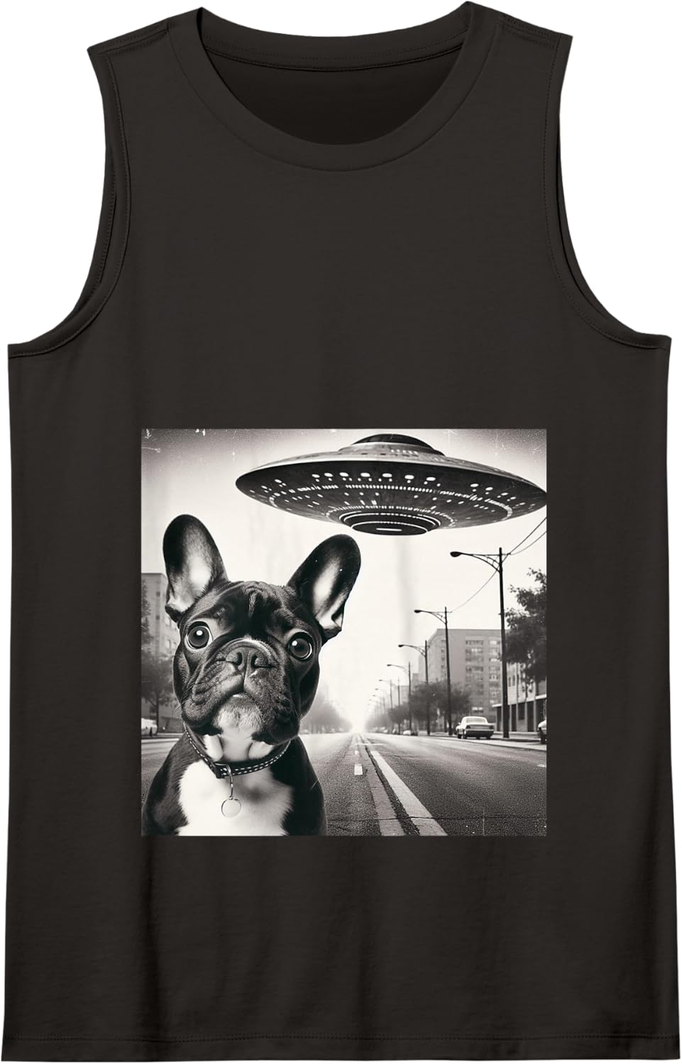 Funny UFO French Bulldog Selfie Alien Frenchie Tank Top - Black