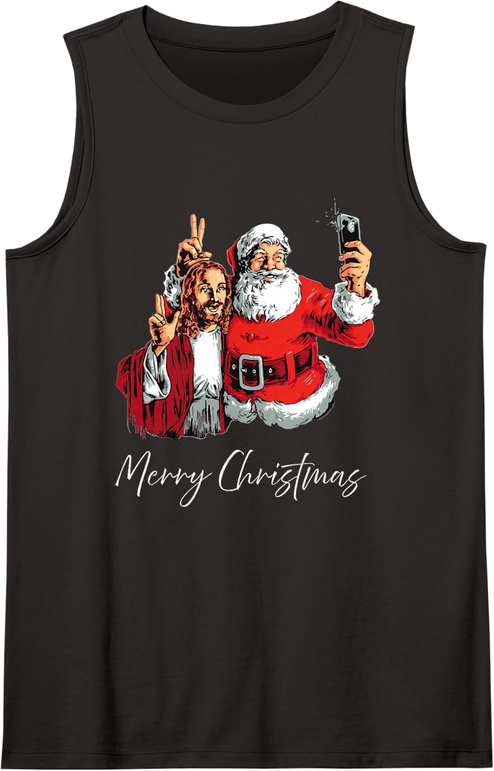 Merry Christmas Santa Jesus Selfie Funny Xmas Pajama Sleeveless Tank Top - Black