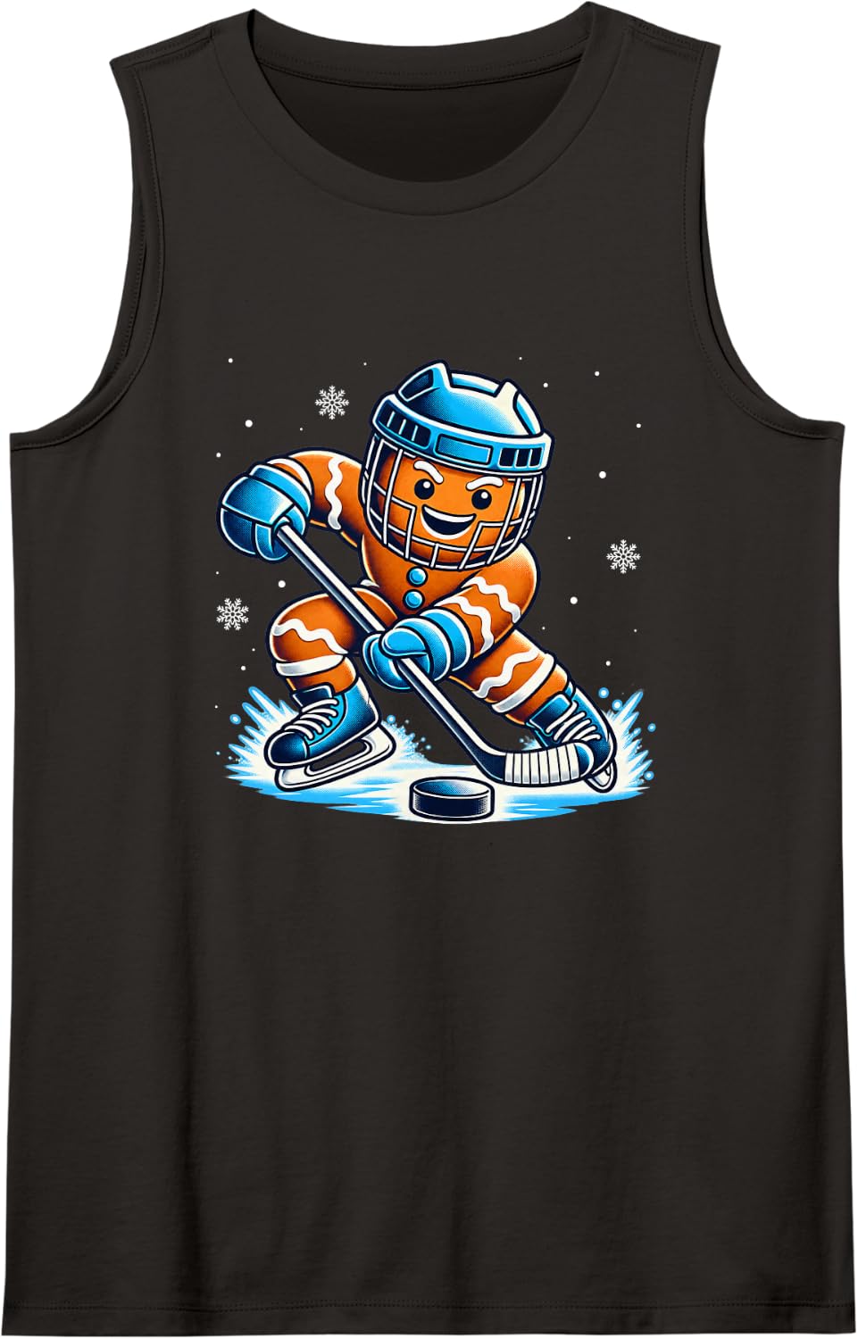 Funny Christmas Gingerbread Playing Ice Hockey Xmas Sport Sleeveless Tank Top - Black