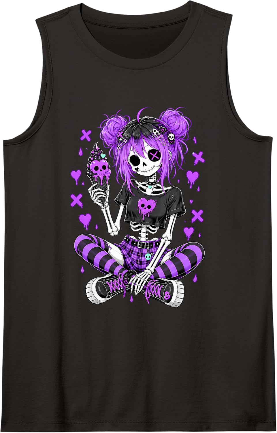 Purple Goth Skeleton Girl Skull Icecream Emo Grunge Art Sleeveless Tank Top - Black