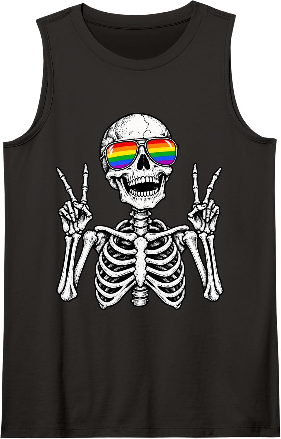 Pride Skeleton Rainbow Sunglasses Peace Sign LGBTQ Sleeveless Tank Top - Black