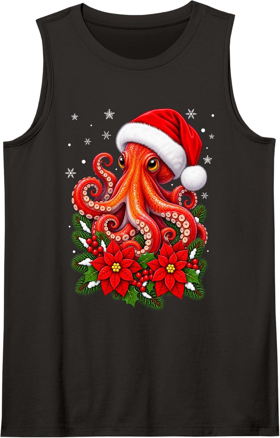 Octopus Festive Floral Santa Hat Octopus Christmas Sleeveless Tank Top - Black