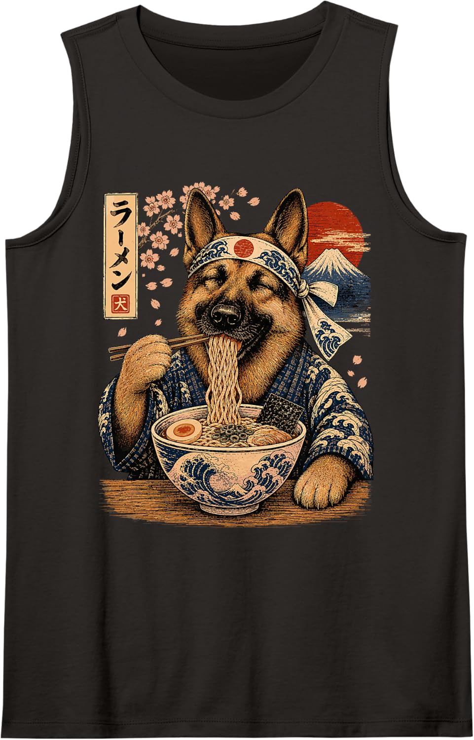 German Shepherd Dog Eating Ramen Japanese Shepherd Sleeveless Tank Top - Black