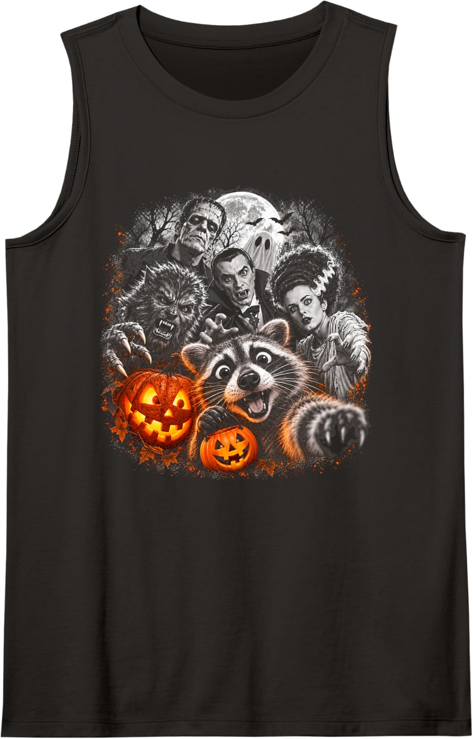 Halloween Raccoon Monster Selfie Pumpkin Pail Vintage Art Sleeveless Tank Top - Black