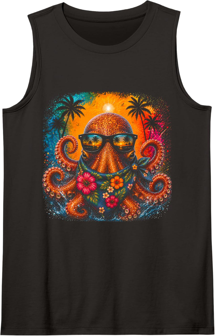 Funny Octopus Beach Tropical Summer Sunset Sunglasses Ocean Sleeveless Tank Top - Black
