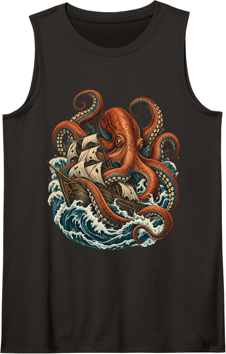 Pirate Ship Kraken Octopus Sea Monster Ocean Art Sleeveless Tank Top - Black