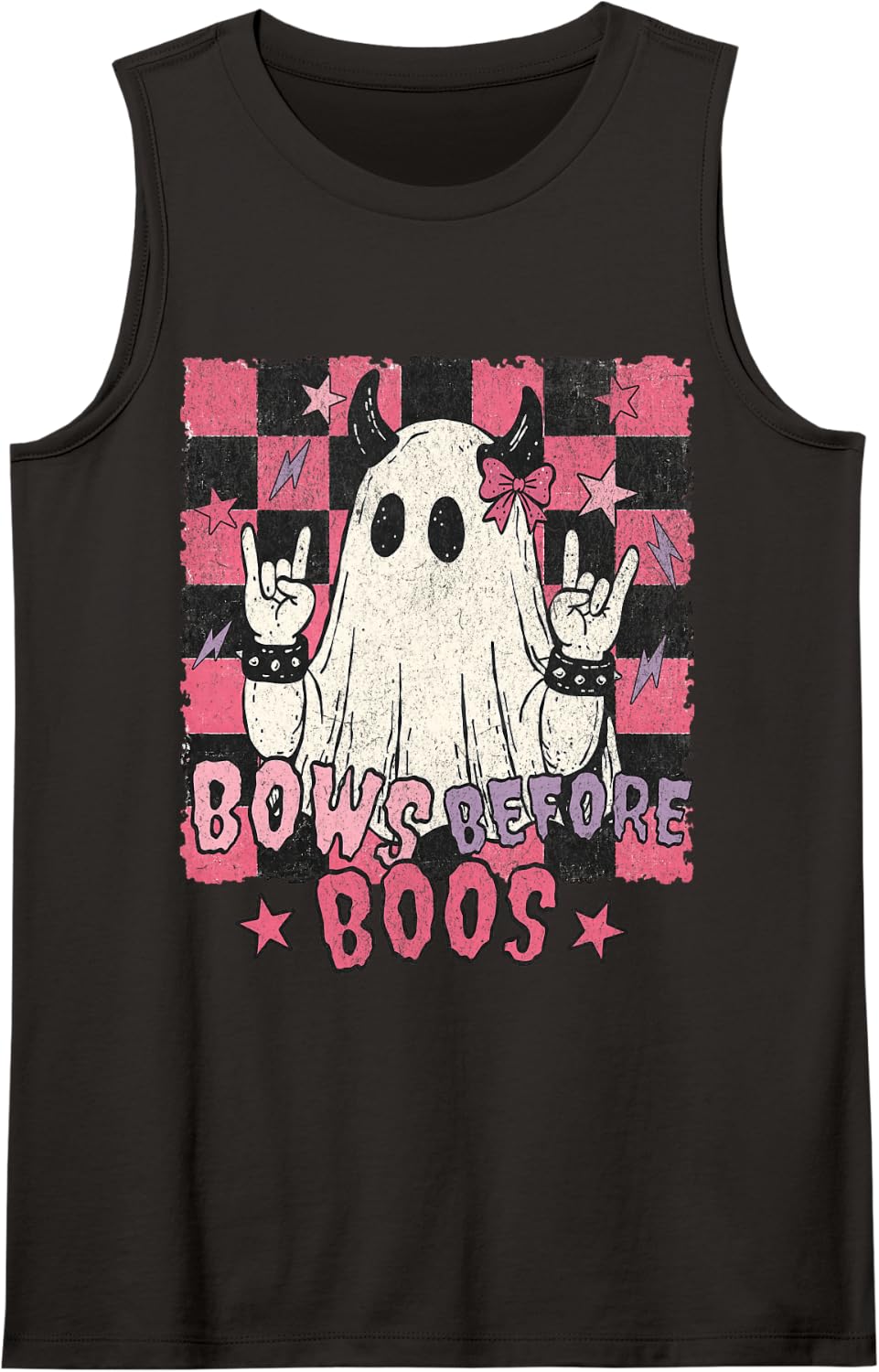 Bows Before Boos Punk Rock Ghost Horns Checkerboard Retro Sleeveless Tank Top - Black