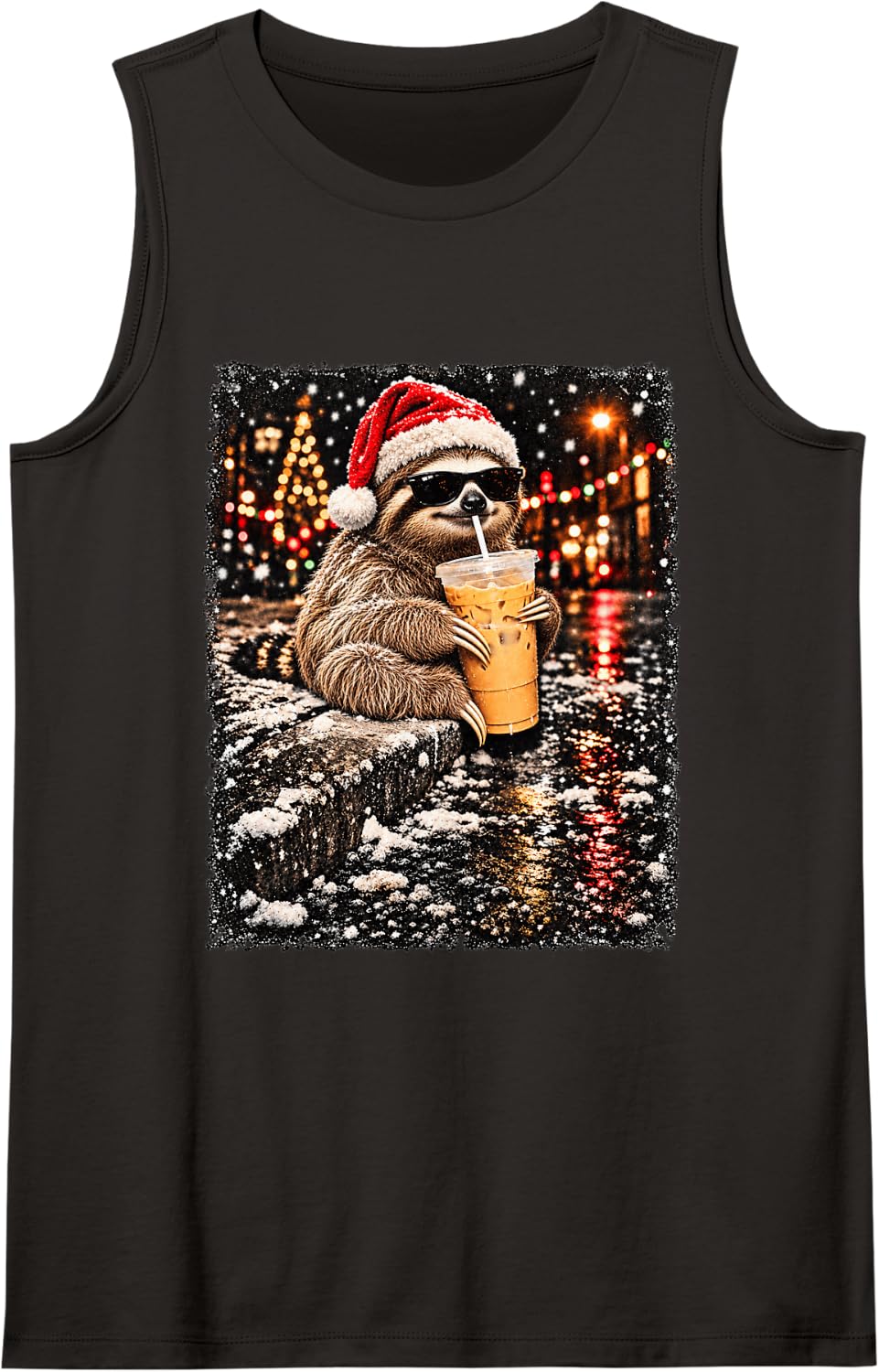 Funny Sloth Drinking Iced Coffee Christmas Animal Meme Sleeveless Tank Top - Black